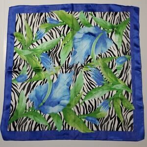 Vintage Italy Symphony Scarf BLUE FLORAL ZEBRA STRIPES Silky Satin 20" SQUARE